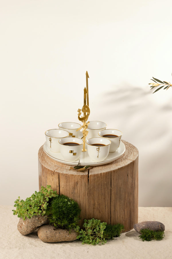 6 Arabic Coffee Cups With Stand And Handle From Liqaa -  Pearl White + Gold