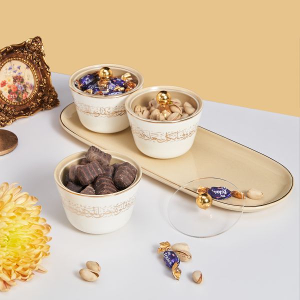 Sweet Bowls Set With Porcelain Tray 7 Pcs From Joud - Beige