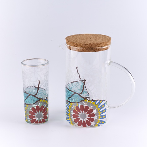 [DUN-1229] Glass Pitcher with cork + 4 Juice glasses in printed color box